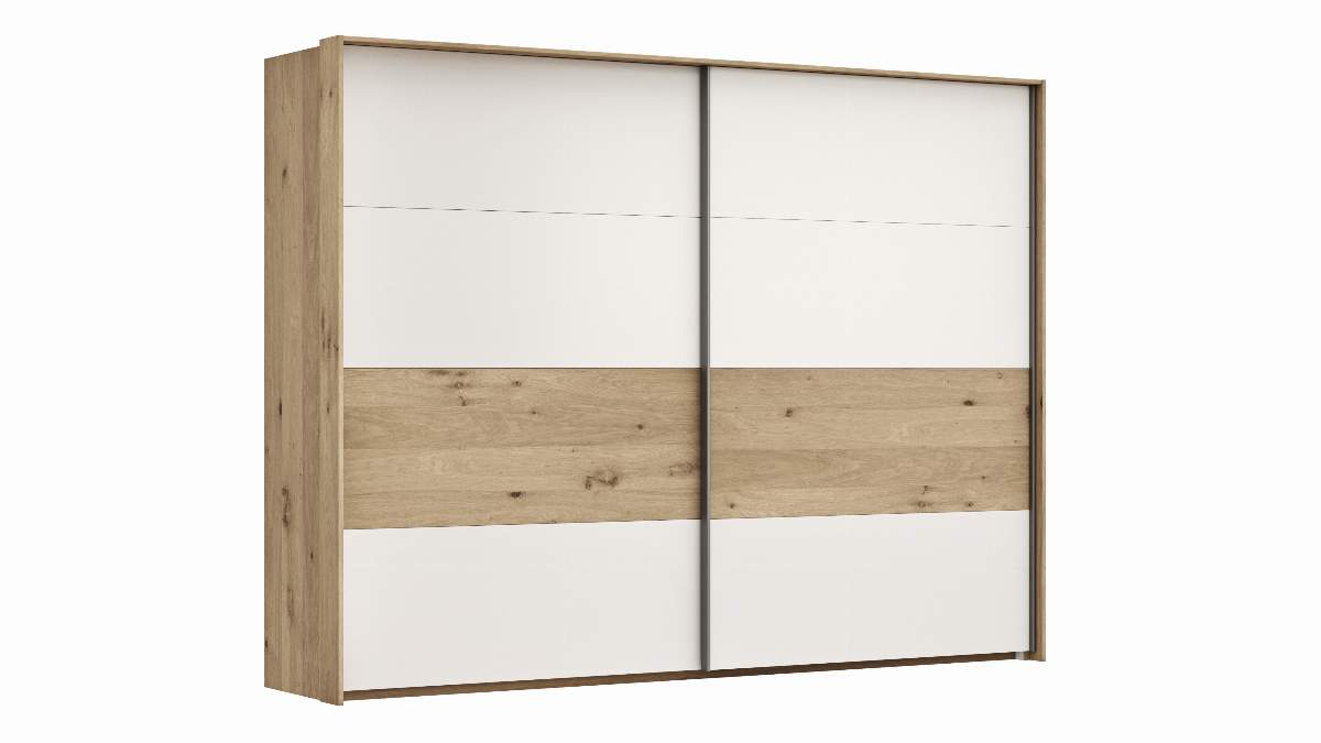 Schwebetürenschrank Viana - B ca. 278 cm, Furnier, Balkeneiche, Weiß