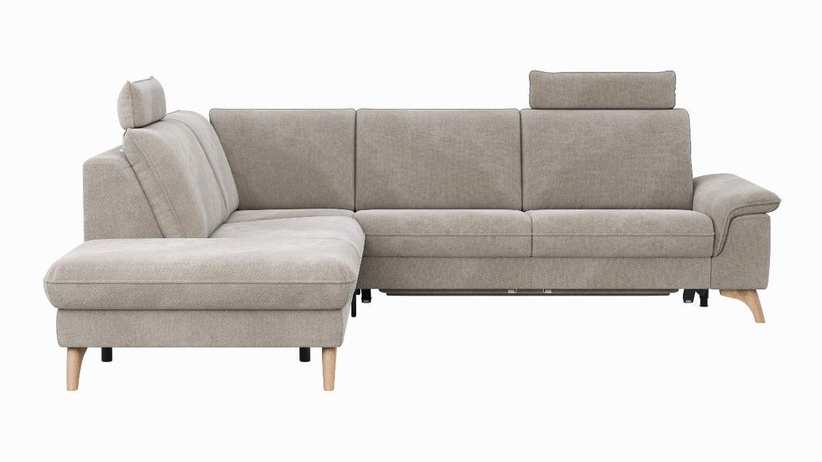 Ecksofa Tulsa KS - 1,5-Sitzer mit Anstellhocker aufklappbar links, Spitzecke und 2,5-Sitzer rechts, inkl. Kopfstütze, AL verstellbar und Schlaffunktion, Stoff, Graubeige