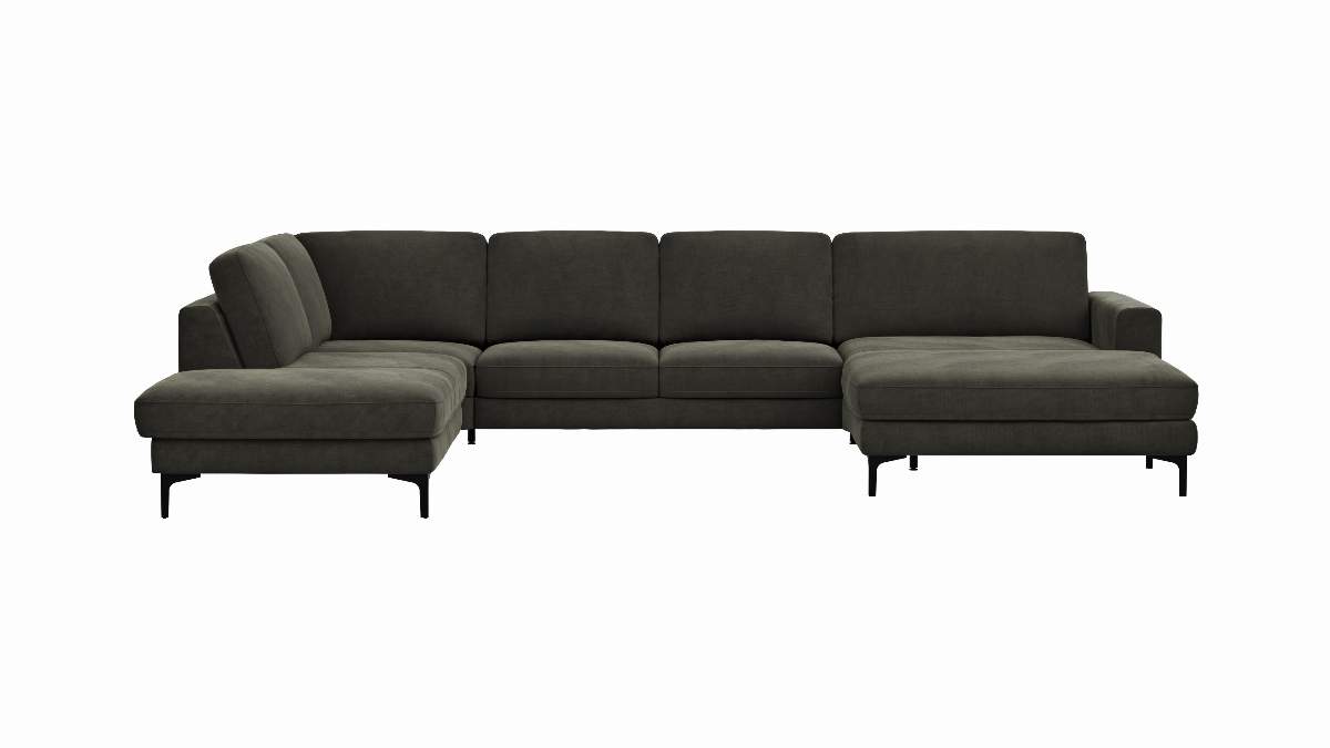 Wohnlandschaft Oviedo - Ecke links mit 2-Sitzer und Longchair rechts, Stoff, Braungrün
