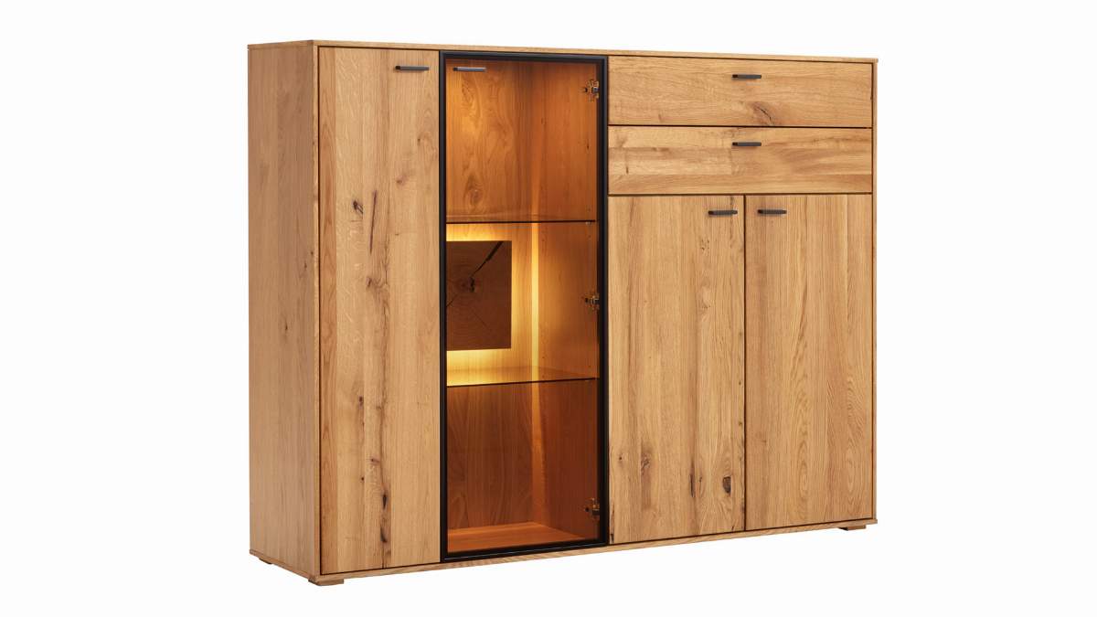 Highboard Fibra - inkl. Beleuchtung, Asteiche massiv geölt