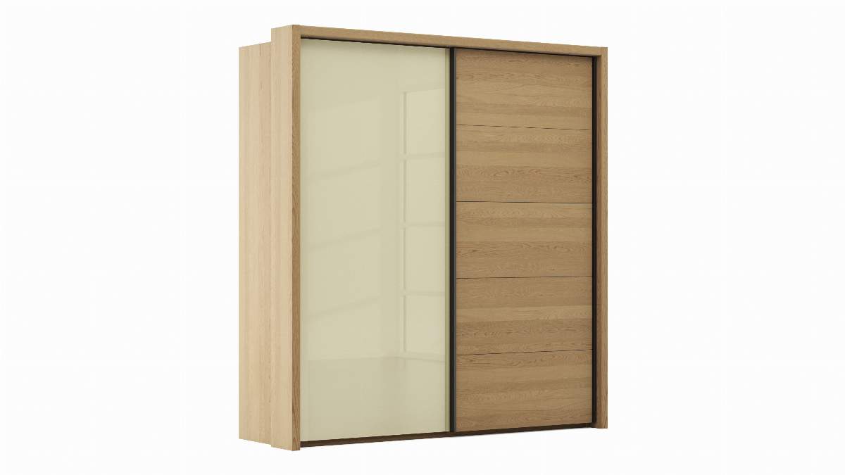 Schwebetürenschrank Lenoso - B. ca. 210 cm, Eiche massiv, Glas Champagner