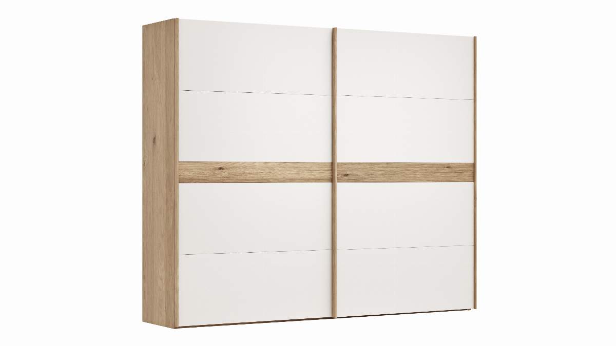 Schwebetürenschrank Viana - B ca. 271 cm, Lack, Weiß, Riffholz, Balkeneiche