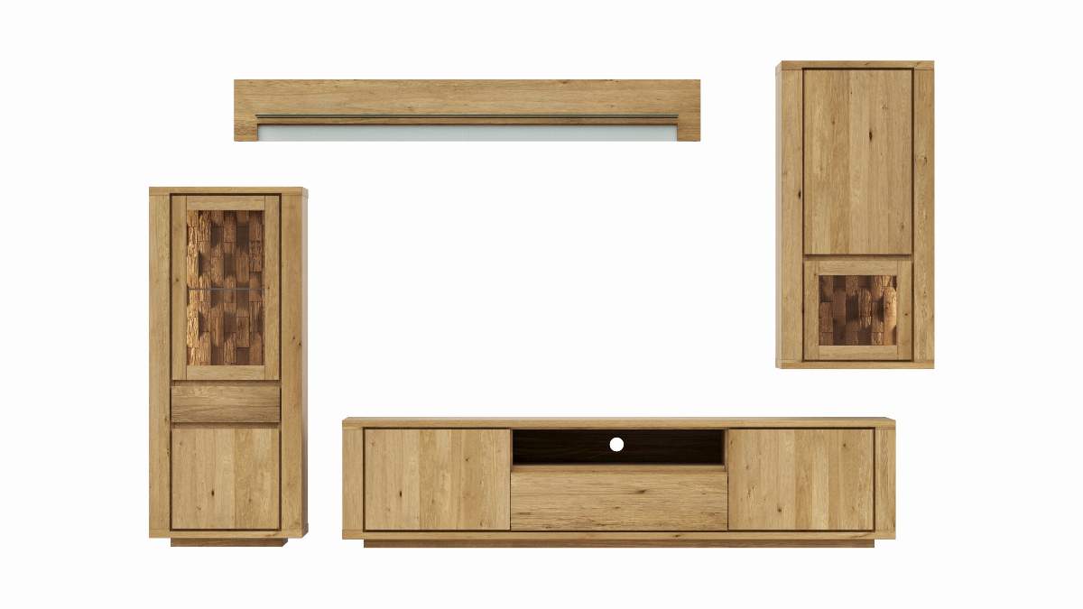 Wohnwand Bakersfield - inkl. Beleuchtung, sichtbare Rückwände mit Holzschindeln/Schubladenfront mit Schroppung, Asteiche massiv, geölt