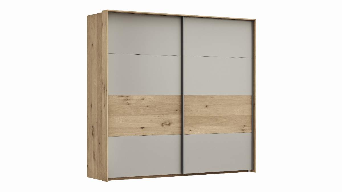 Schwebetürenschrank Viana - B ca. 218 cm, Furnier, Balkeneiche, Hellgrau