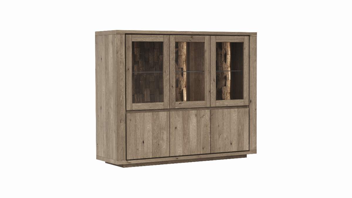 Highboard Bakersfield - inkl. Beleuchtung, Rückwand mit Holzschindeln, Asteiche, Barrrique