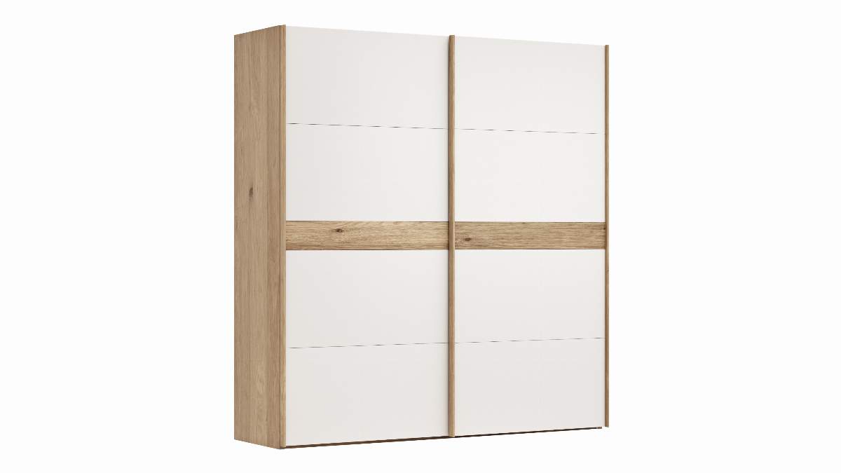 Schwebetürenschrank Viana - B ca. 212 cm, Lack, Weiß, Riffholz, Balkeneiche