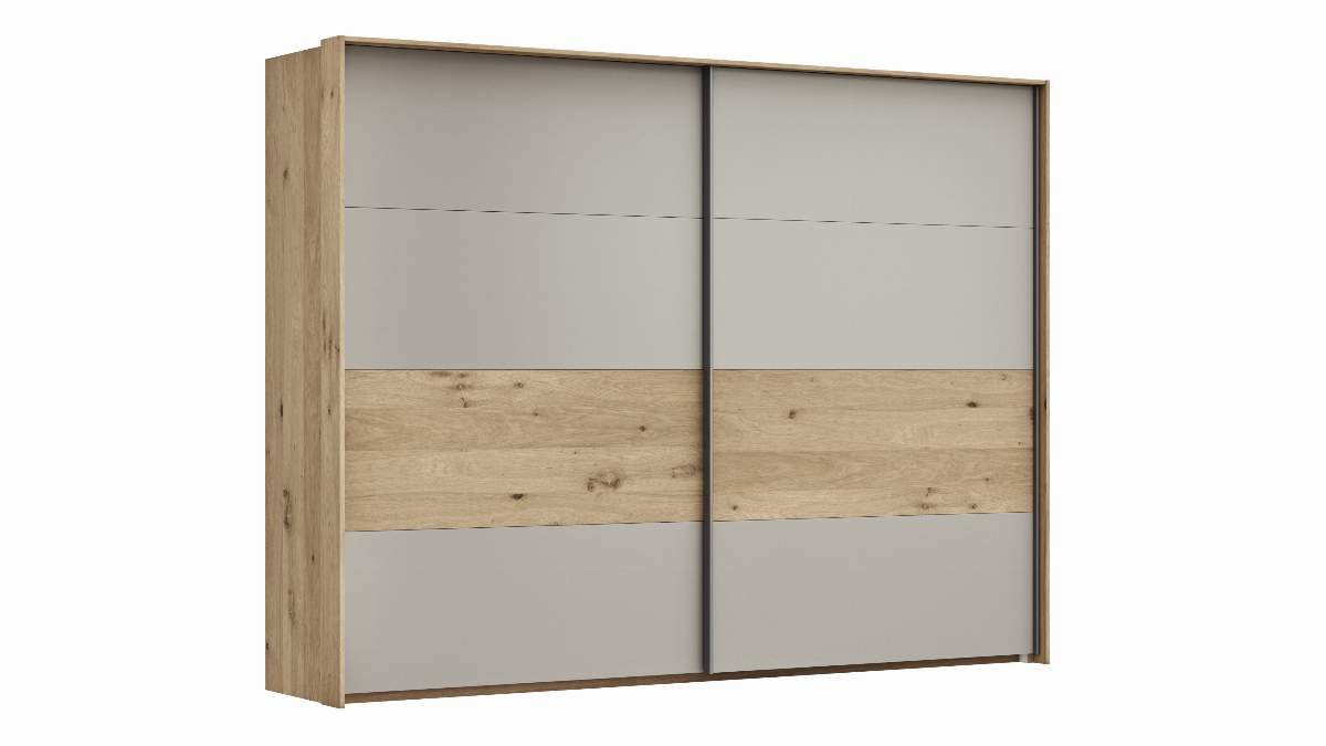 Schwebetürenschrank Viana - B ca. 278 cm, Furnier, Balkeneiche, Hellgrau