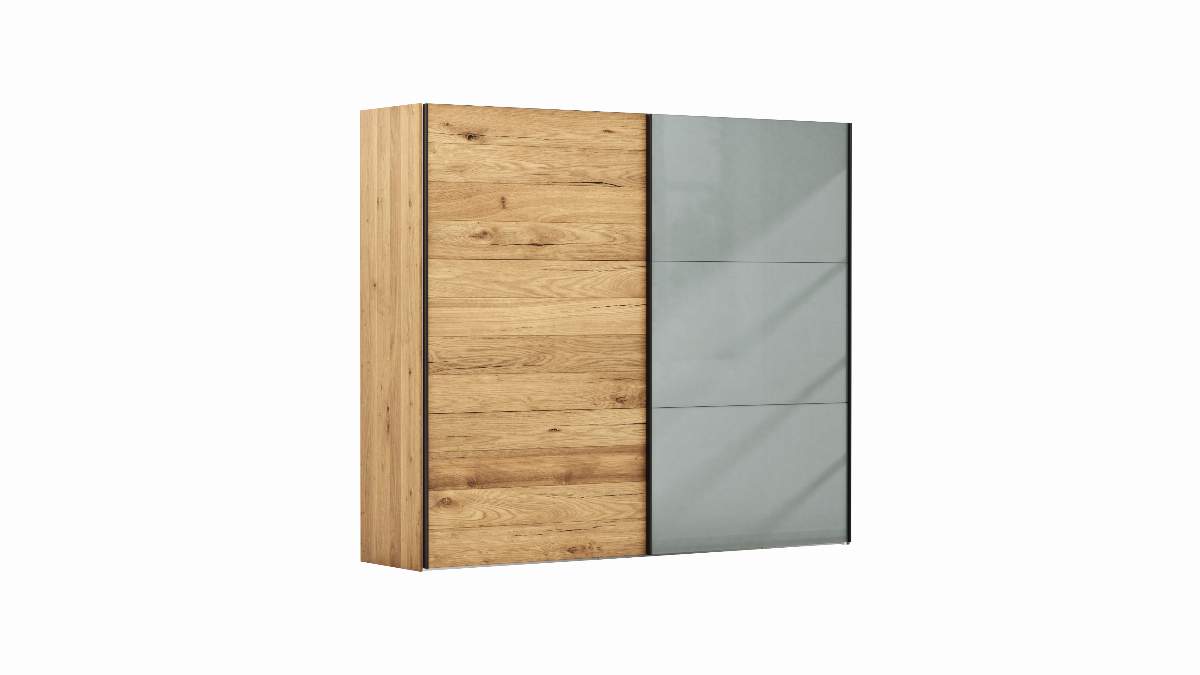 Schwebetürenschrank Colorado - B. ca. 257 cm, Eiche, Glas Graugrün