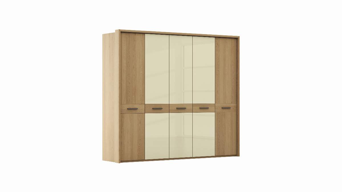 Drehtürenschrank Lenoso - B. ca. 256 cm, Eiche massiv, Glas, Champagner