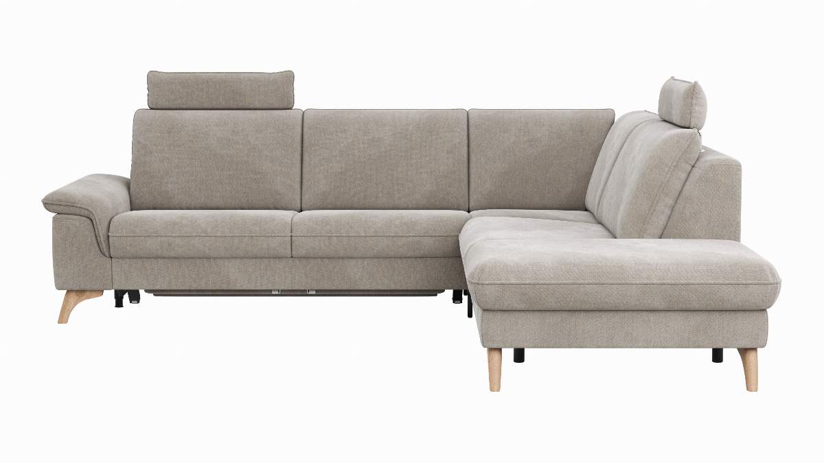 Ecksofa Tulsa KS - 2,5-Sitzer, Spitzecke und 1,5-Sitzer mit Anstellhocker aufklappbar rechts, inkl. Kopfstütze, AL verstellbar und Schlaffunktion, Stoff, Graubeige