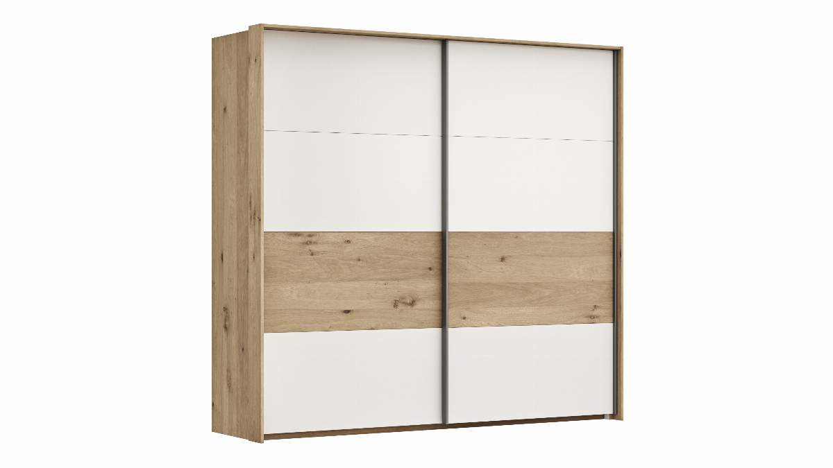 Schwebetürenschrank Viana - B ca. 218 cm, Furnier, Balkeneiche, Weiß