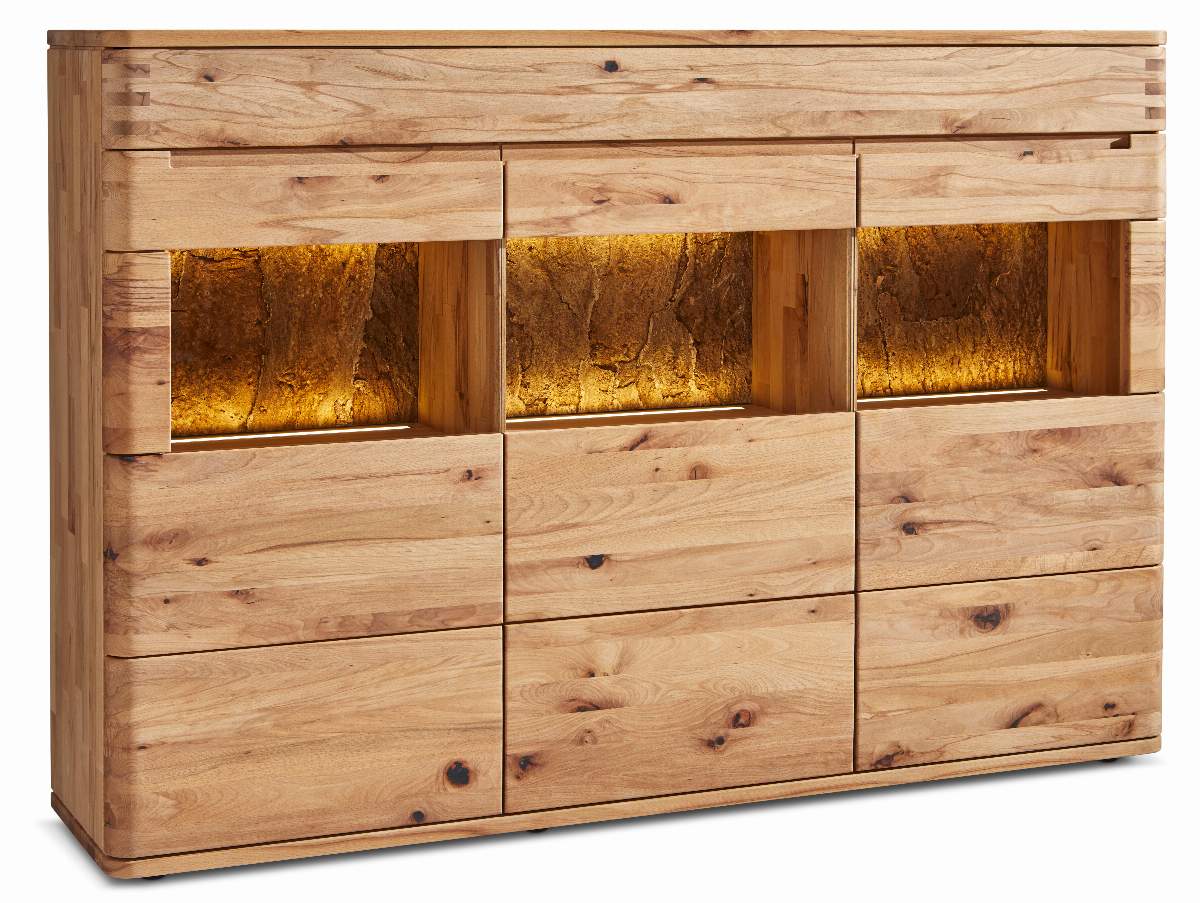 Highboard Cartago Soft - inkl. Beleuchtung, Astbuche massiv, natur geölt
