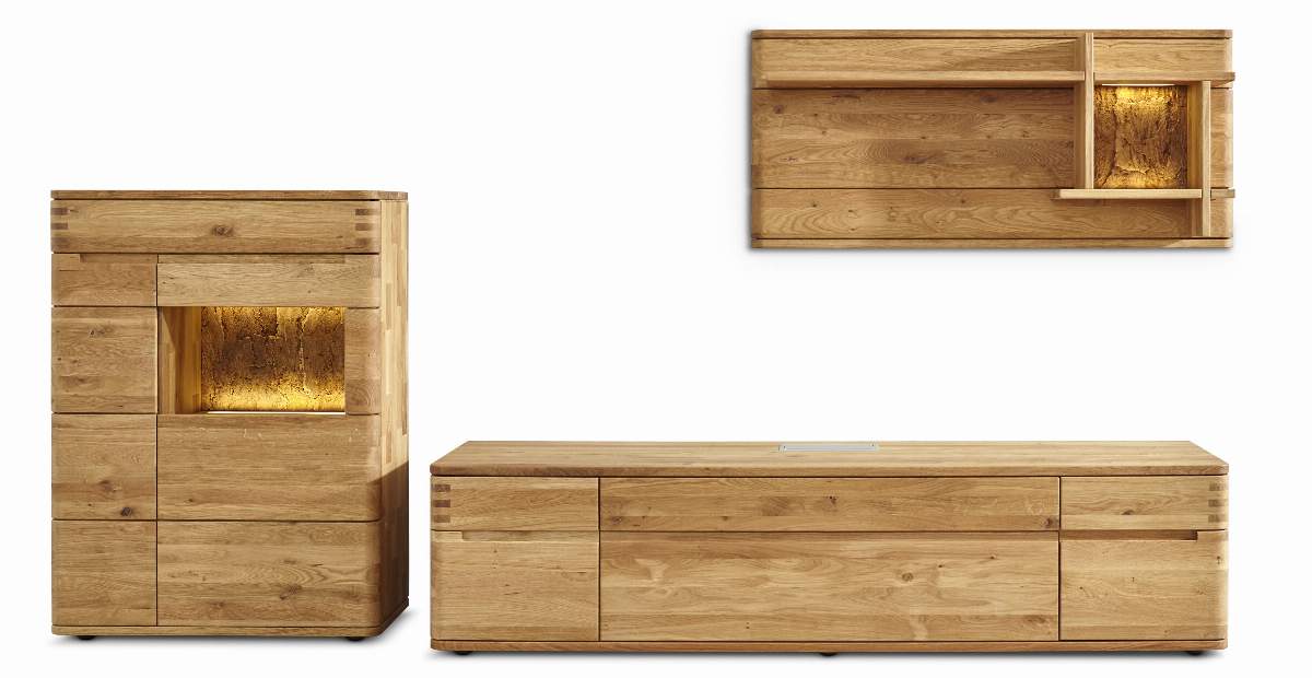 Wohnwand Cartago Soft - inkl. Beleuchtung, BHT ca. 315x174x54 cm, Wildeiche massiv, natur geölt