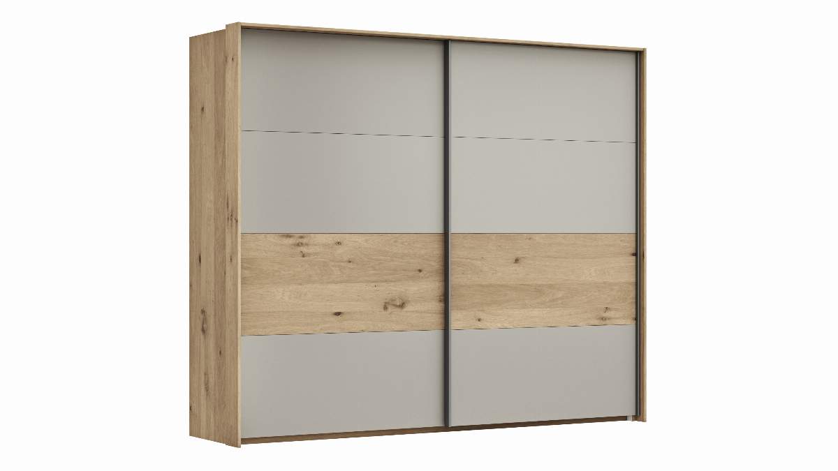 Schwebetürenschrank Viana - B ca. 248 cm, Furnier, Balkeneiche, Hellgrau