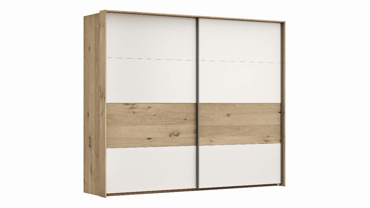 Schwebetürenschrank Viana - B ca. 248 cm, Furnier, Balkeneiche, Weiß