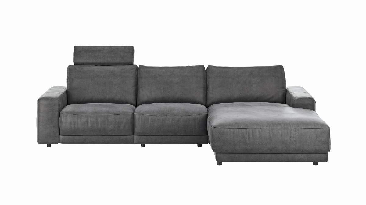 Ecksofa Balok - 2,5-Sitzer mit Longchair groß rechts, inkl. Relaxfunktion (motorisch) und Kopfstütze, Stoff, Anthrazit