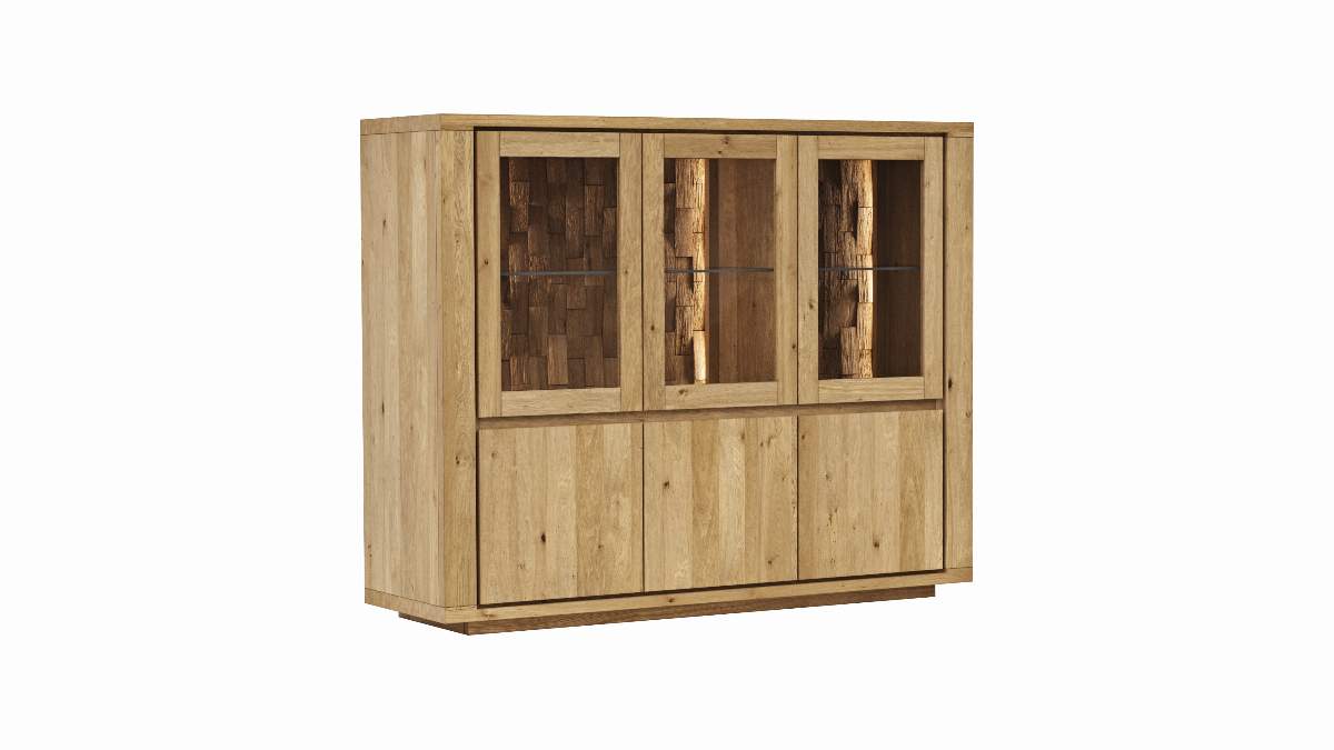 Highboard Bakersfield - inkl. Beleuchtung, Rückwand mit Holzschindeln, Asteiche massiv, geölt