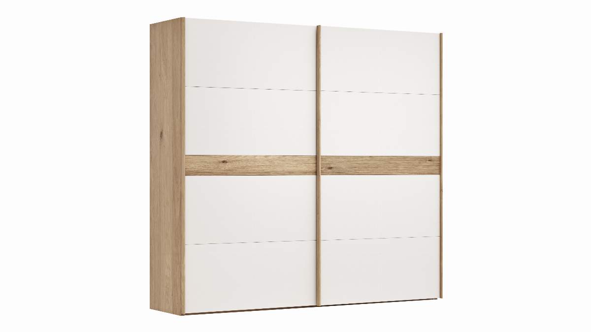 Schwebetürenschrank Viana - B ca. 241 cm, Lack, Weiß, Riffholz, Balkeneiche
