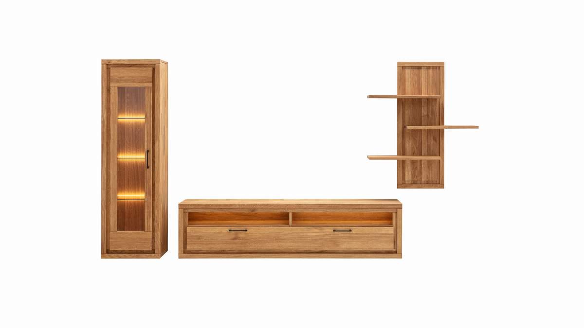 Wohnwand Farmingdale light - inkl. Beleuchtung, Eiche massiv, natur geölt