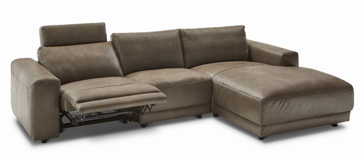 Ecksofa Balok - 2,5-Sitzer mit Longchair groß rechts, inkl. Relaxfunktion (motorisch) und Kopfstütze, Leder, Braungrün