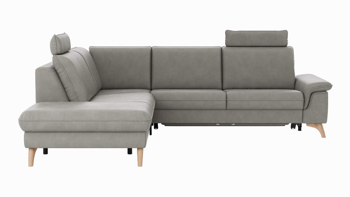 Ecksofa Tulsa KS - 1,5-Sitzer mit Anstellhocker aufklappbar links, Spitzecke und 2,5-Sitzer rechts, inkl. Kopfstütze, AL verstellbar und Schlaffunktion, Leder, Graubeige