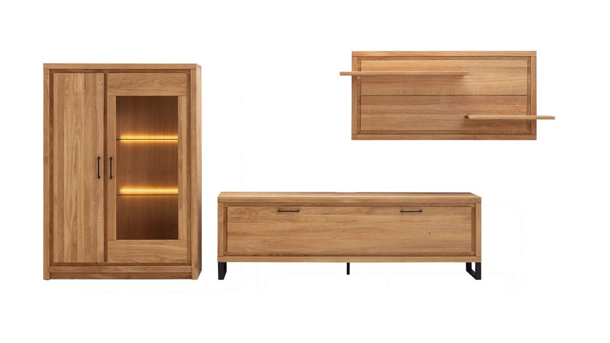 Wohnwand Farmingdale light - inkl. Beleuchtung, Eiche massiv, natur geölt
