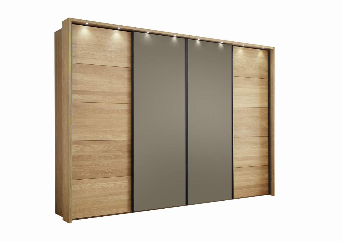 Schwebetürenschrank Lenoso - B. ca. 340 cm, Eiche massiv, Glas, Graubraun